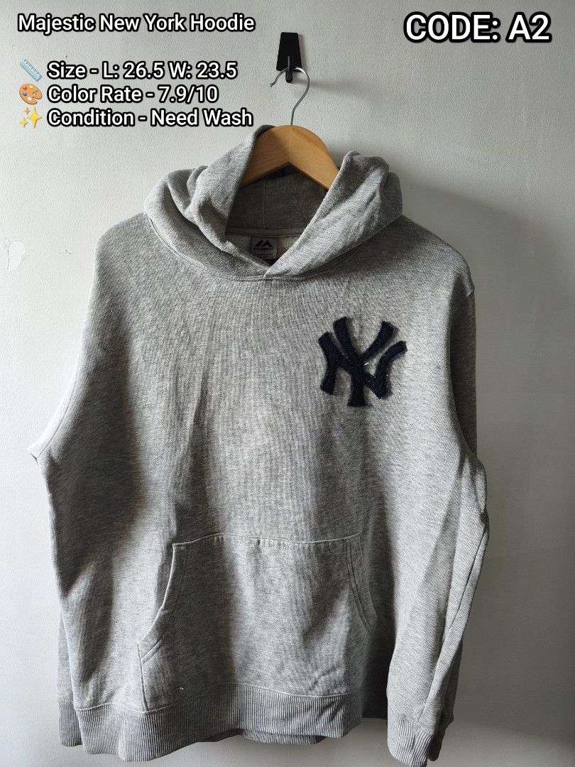 Majestic New York Hoodie Code A2 (Category: Coats, Jackets and Outerwear) located in Manila. Submitted by gelog2 (Listing ID 1468143985, Image 1). Description: - Brand/Item: Majestic New York Yankees Hoodie - Color: Grey - Code: A2 - Measurements: Length 26.5" | Width 23.5" - Features: Embroidered team logo, front kangaroo pocket, ribbed cuffs and hem - Condition: 7.9/10 (Needs a wash before wearing) - Fast deal recommended, grab it quick!.