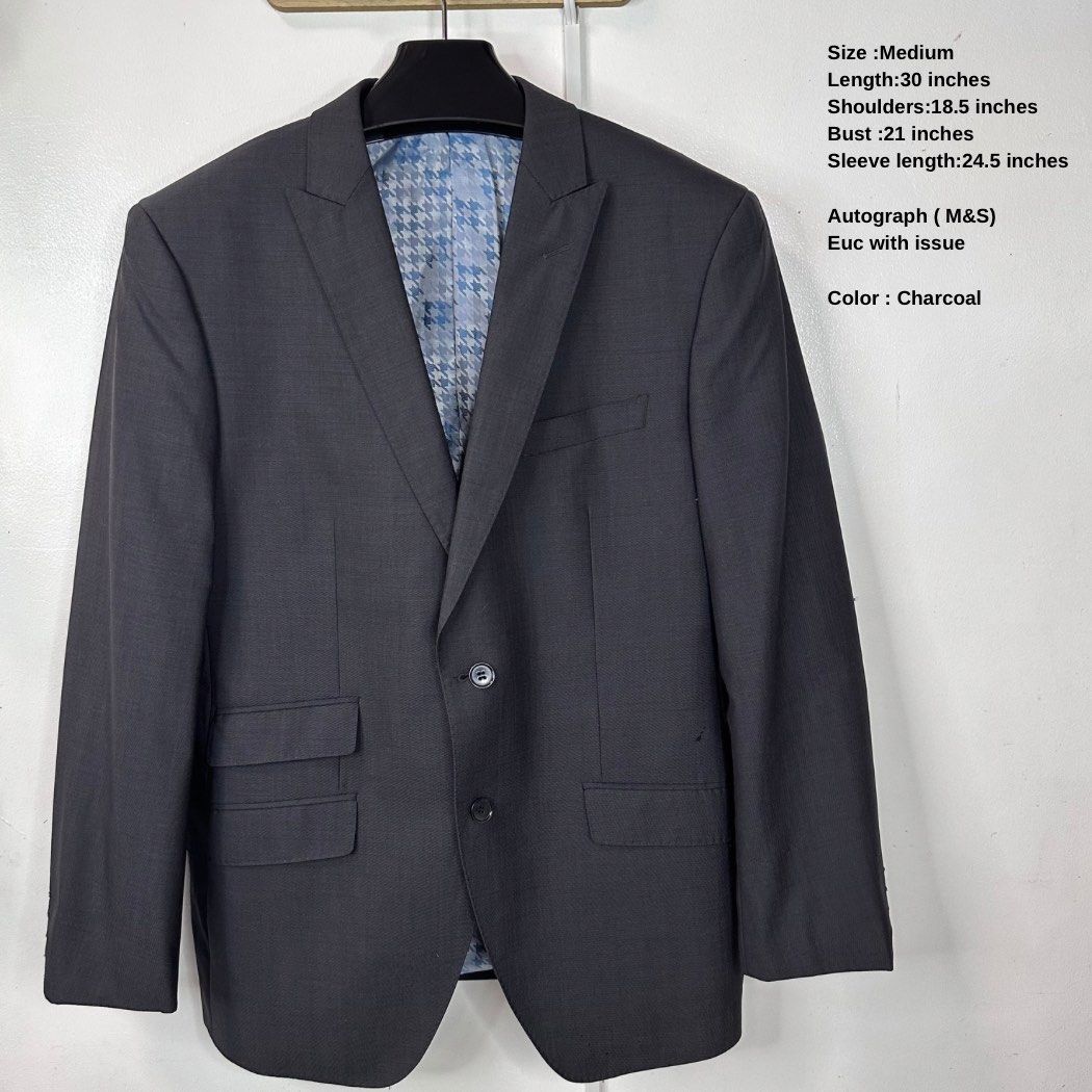 Marks & Spencer Autograph Wool Blend Blazer Jacket in Charcoal Grey (Medium) (Category: Coats, Jackets and Outerwear) located in Baguio. Submitted by lctrendz (Listing ID 1468134854, Image 1). Description: Product Description Wool Mohair Blazer. Notch lapel, two-button front closure, dual flap front pockets with ticket pocket, and double side vents. Fully lined with printed houndstooth pattern. Listing Details Brand: Marks & Spencer (Autograph) C