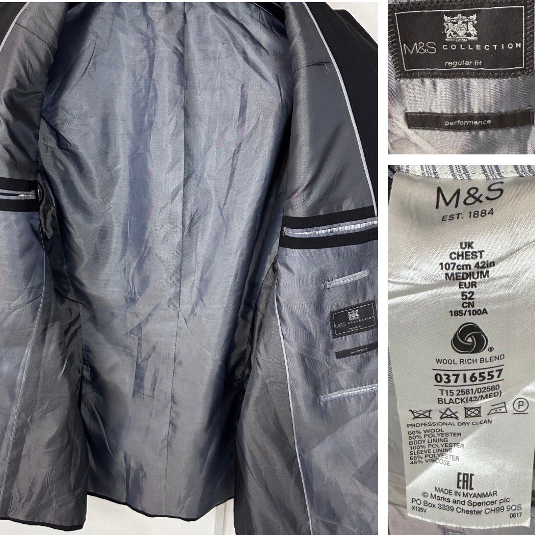 Marks & Spencer Black Wool Rich Blend Suit Blazer Size Medium (Category: Coats, Jackets and Outerwear) located in Baguio. Submitted by lctrendz (Listing ID 1468102337, Image 3). Description: Product Description Wool rich blend suit jacket blazer. Notch lapels, two-button front closure, welt chest pocket, and flap front pockets. Fully lined. Listing Details Brand: Marks & Spencer (M&S Collection - Performance) Color: Black Condition: Excellent Siz