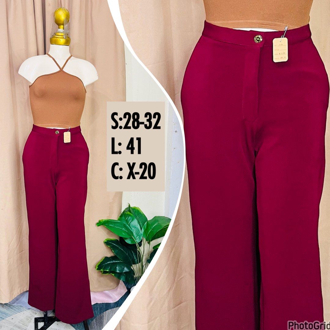 Maroon High-Waist Wide-Leg Pants (Category: Jeans) located in Manila. Submitted by bengirlclothing (Listing ID 1468142568, Image 1). Description: - SIZE: 28-32 inches -LENGTH: 41 inches -Color: Maroon Red - Closure: Single front button .