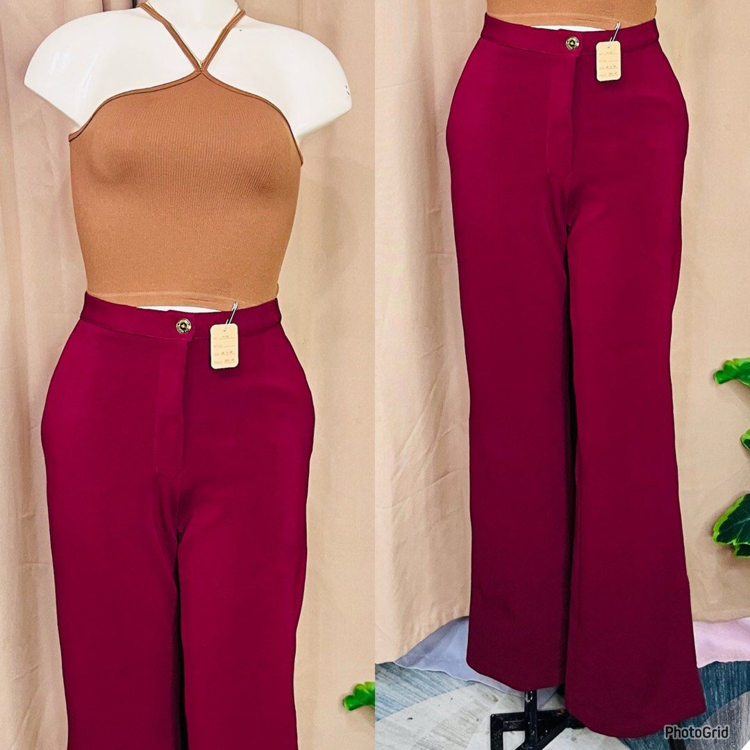 Maroon High-Waist Wide-Leg Pants (Category: Jeans) located in Manila. Submitted by bengirlclothing (Listing ID 1468142568, Image 2). Description: - SIZE: 28-32 inches -LENGTH: 41 inches -Color: Maroon Red - Closure: Single front button .