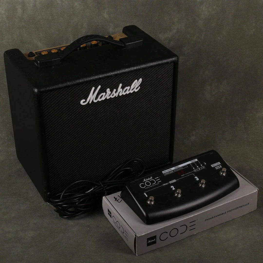 Marshall Code 25 Combo Amplifier & Marshall Code Footswitch (Category: Musical Instruments) located in Cyberjaya. Submitted by syahriztazuri (Listing ID 1468070423, Image 1). Description: If you're bedroom guitar player who seeking for almost all marshall amp sound but got tight budget for buying all amp heads or amps, this amp is for you Clean design, practical using although digital combo amp, Bluetooth connection for easy swapping amp model, e