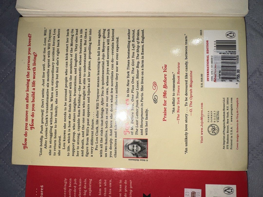 Me Before You Trilogy by Jojo Moyes (Category: Storybooks) located in Malabon City. Submitted by sheena1218 (Listing ID 1468252127, Image 3). Description: - Set of 3 popular romance novels by Jojo Moyes - Includes: Me Before You, After You, and Still Me - Format: Paperback editions - Condition: Pages show yellowing and foxing due to age and storage (mostly on top edges); covers are intact and text is fully readable - Perfect bundle for fans of he