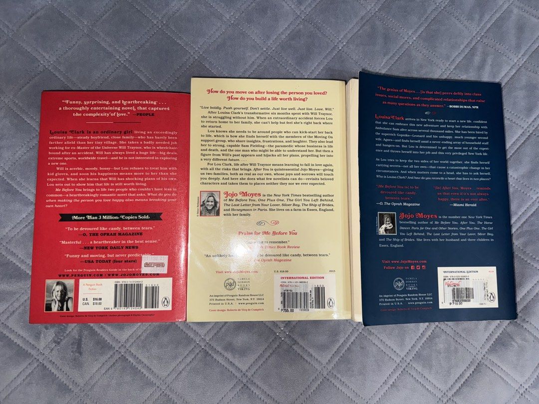 Me Before You Trilogy by Jojo Moyes (Category: Storybooks) located in Malabon City. Submitted by sheena1218 (Listing ID 1468252127, Image 2). Description: - Set of 3 popular romance novels by Jojo Moyes - Includes: Me Before You, After You, and Still Me - Format: Paperback editions - Condition: Pages show yellowing and foxing due to age and storage (mostly on top edges); covers are intact and text is fully readable - Perfect bundle for fans of he