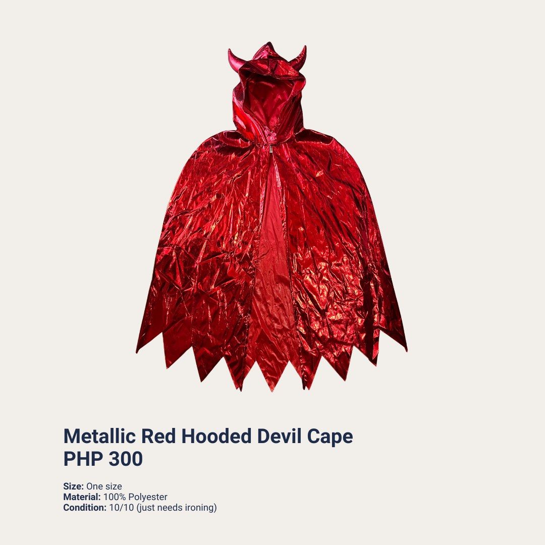 Metallic Red Hooded Devil Cape Devil Costume (Category: Coats, Jackets and Outerwear) located in Quezon City. Submitted by mjpnp (Listing ID 1468176184, Image 1). Description: Metallic Red Hooded Devil Cape Size: One size Material: 100% Polyester Condition: 10/10 (just needs ironing) 👹 one-size-fits-most cloak, has a metallic red finish and built-in padded horns on the hood 👹 perfect for Halloween.
