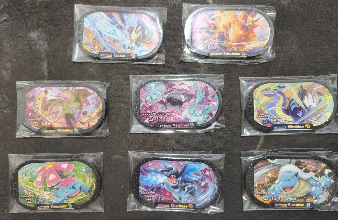 Mezastar V1 & V2 Black Tags (Category: Action & Battle Toys) located in Las Pinas. Submitted by aratakicharuzu1220 (Listing ID 1468170217, Image 1). Description: V1 BLACK TAGS Zacian - P200 Zamazenta - P200 Tyranitar - P150 Metagross - P150 Miraidon - P2000 Venusaur - P200 Charizard - P200 Blastoise - P200 V2 Black Tags Kyogre - P250 Groudon - P250 Koraidon - P1,000 Pikachu - P200 Snorlax - P100 Zekrom - P200 Kommo-o - P100 Kyurem - P200 Can do m