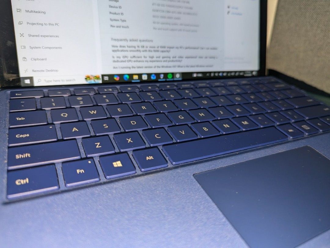 Microsoft Surface Pro 4 i7 16GB RAM 512GB SSD (Category: Laptops & Notebooks) located in Manila. Submitted by fastearth.8e35e7 (Listing ID 1468278505, Image 3). Description: - Model: Microsoft Surface Pro 4 (Silver metallic casing with black Microsoft logo) - Processor: Intel Core i7 @ 2.20GHz - Memory: 16GB RAM - Storage: 477GB - OS: Windows 10 - Inclusion: Dark blue Alcantara keyboard cover with built-in touchpad - Condition: Clean screen displ