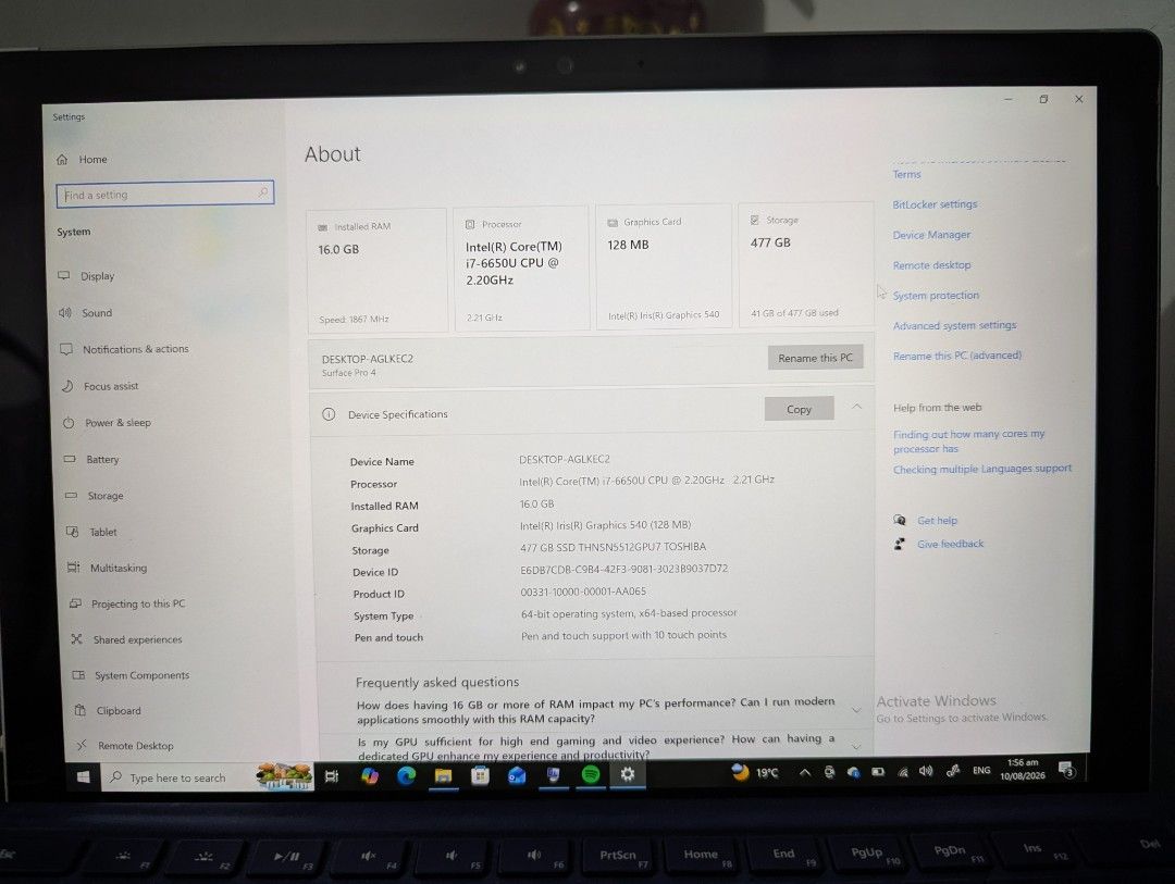 Microsoft Surface Pro 4 i7 16GB RAM 512GB SSD (Category: Laptops & Notebooks) located in Manila. Submitted by fastearth.8e35e7 (Listing ID 1468278505, Image 2). Description: - Model: Microsoft Surface Pro 4 (Silver metallic casing with black Microsoft logo) - Processor: Intel Core i7 @ 2.20GHz - Memory: 16GB RAM - Storage: 477GB - OS: Windows 10 - Inclusion: Dark blue Alcantara keyboard cover with built-in touchpad - Condition: Clean screen displ
