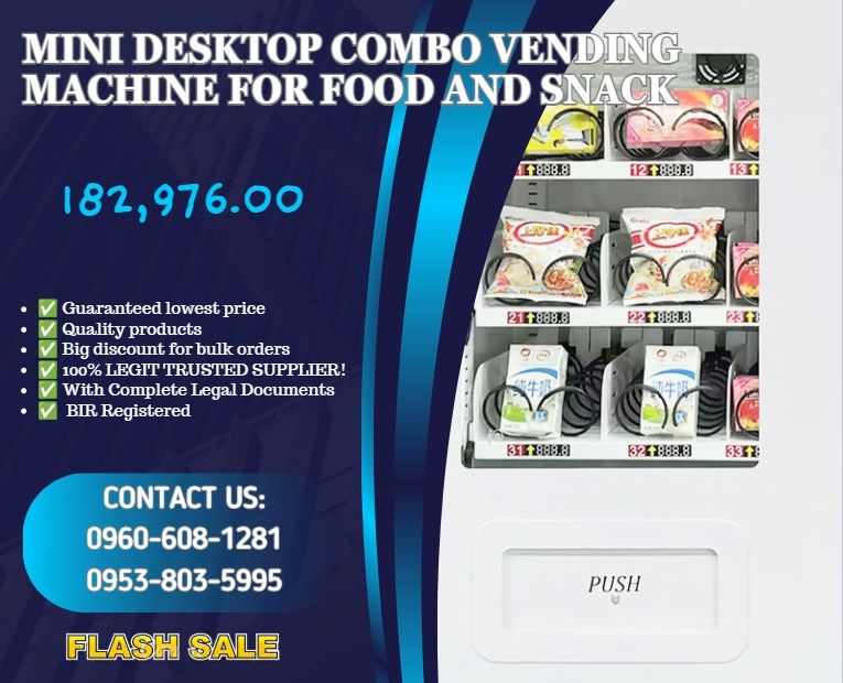 Mini Desktop Combo Vending Machine for Food and Snack (Category: Everything Else Others) located in Caloocan City. Submitted by 09263834248 (Listing ID 1468081842, Image 1). Description: 1.machine size: W700*H76*58cm; (Net) Weight: 65 Kg 2.selections: 5channel *3drawer=15 types 3.capacity: 15types *4pcs/channel=60pcs 4.communication mode: MDB, pulse, RS232 5.payment type: bill or coin or credit card 6.15 spirals for condoms, snacks etc. 7.desktop