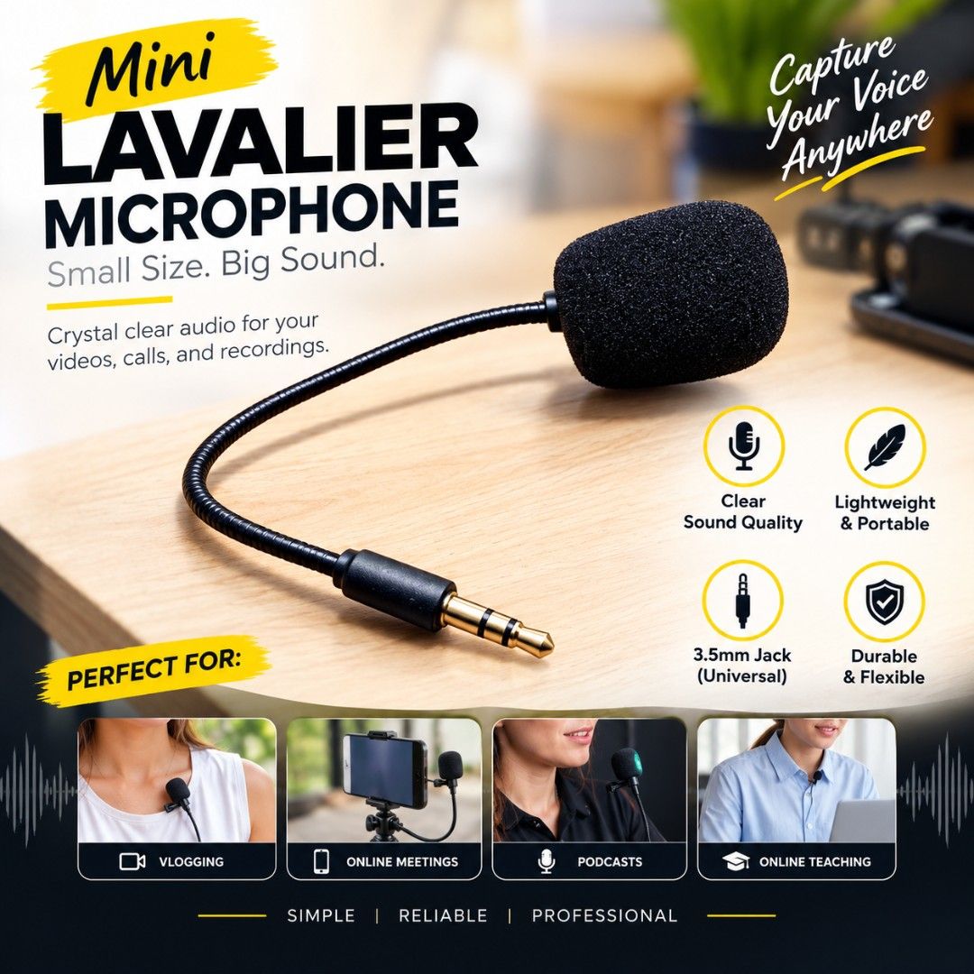 Mini Lavalier Microphone 3.5mm Jack (Category: Microphones) located in Quezon City. Submitted by rigelsfashiononline (Listing ID 1468234133, Image 1). Description: - Universal 3.5mm jack compatible with most devices - Delivers clear and crisp sound quality - Lightweight and flexible design for easy clipping - Ideal for vlogging, podcasts, online teaching, and calls - Plug-and-play ready for hassle-free recording.