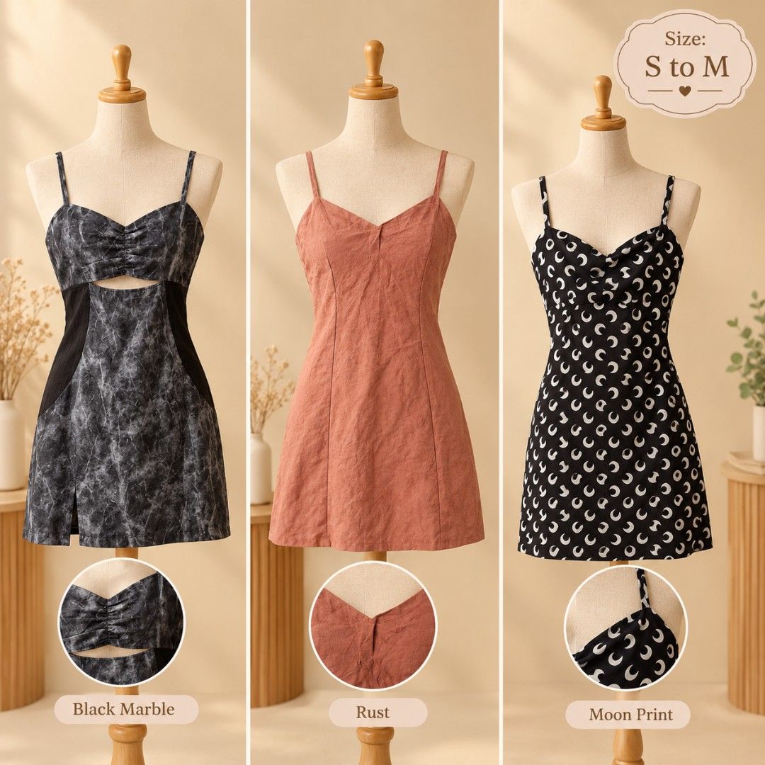 Mini Strappy Dress (Category: Dresses) located in Cabanatuan. Submitted by rachelanne27 (Listing ID 1468087798, Image 1). Description: Black Marble (with a front keyhole/cut-out and ruched bust) Rust (a simple A-line/slip style with a front button detail) Moon Print (featuring a repeating crescent moon pattern inspired by designs like the Marine Serre Moon Print Mini Dress), This is a beige-colored linen-blend square-neck mini dress featuring thi