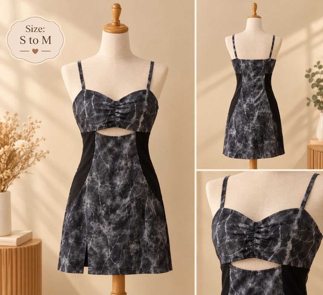 Mini Strappy Dress (Category: Dresses) located in Cabanatuan. Submitted by rachelanne27 (Listing ID 1468087798, Image 3). Description: Black Marble (with a front keyhole/cut-out and ruched bust) Rust (a simple A-line/slip style with a front button detail) Moon Print (featuring a repeating crescent moon pattern inspired by designs like the Marine Serre Moon Print Mini Dress), This is a beige-colored linen-blend square-neck mini dress featuring thi