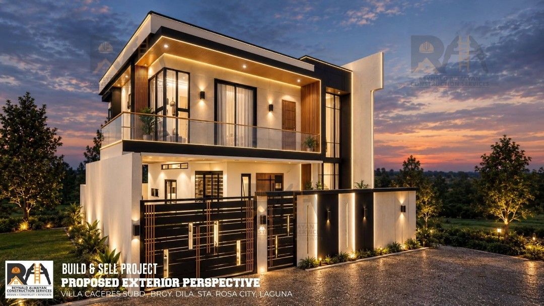 Modern Two Storey House Villa Caceres Subd Laguna (Category: House & Lot) located in Santa Rosa. Submitted by happystorm.c97c56 (Listing ID 1468142821, Image 2). Description: - Location: Villa Caceres Subd, Brgy Dila, Sta Rosa City, Laguna - Property Type: Modern two-storey home build and sell project - Design Features: Warm ceiling strip lighting, glass balconies, and wooden accents - Exterior: Neat landscaping and a functional patio area - Layo
