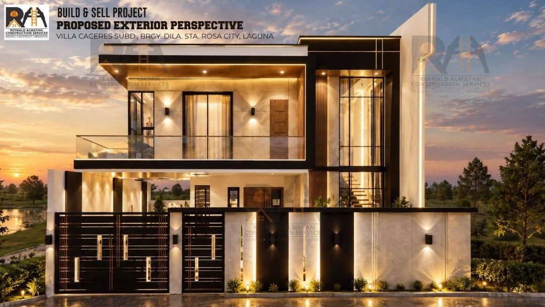 Modern Two Storey House Villa Caceres Subd Laguna (Category: House & Lot) located in Santa Rosa. Submitted by happystorm.c97c56 (Listing ID 1468142821, Image 1). Description: - Location: Villa Caceres Subd, Brgy Dila, Sta Rosa City, Laguna - Property Type: Modern two-storey home build and sell project - Design Features: Warm ceiling strip lighting, glass balconies, and wooden accents - Exterior: Neat landscaping and a functional patio area - Layo