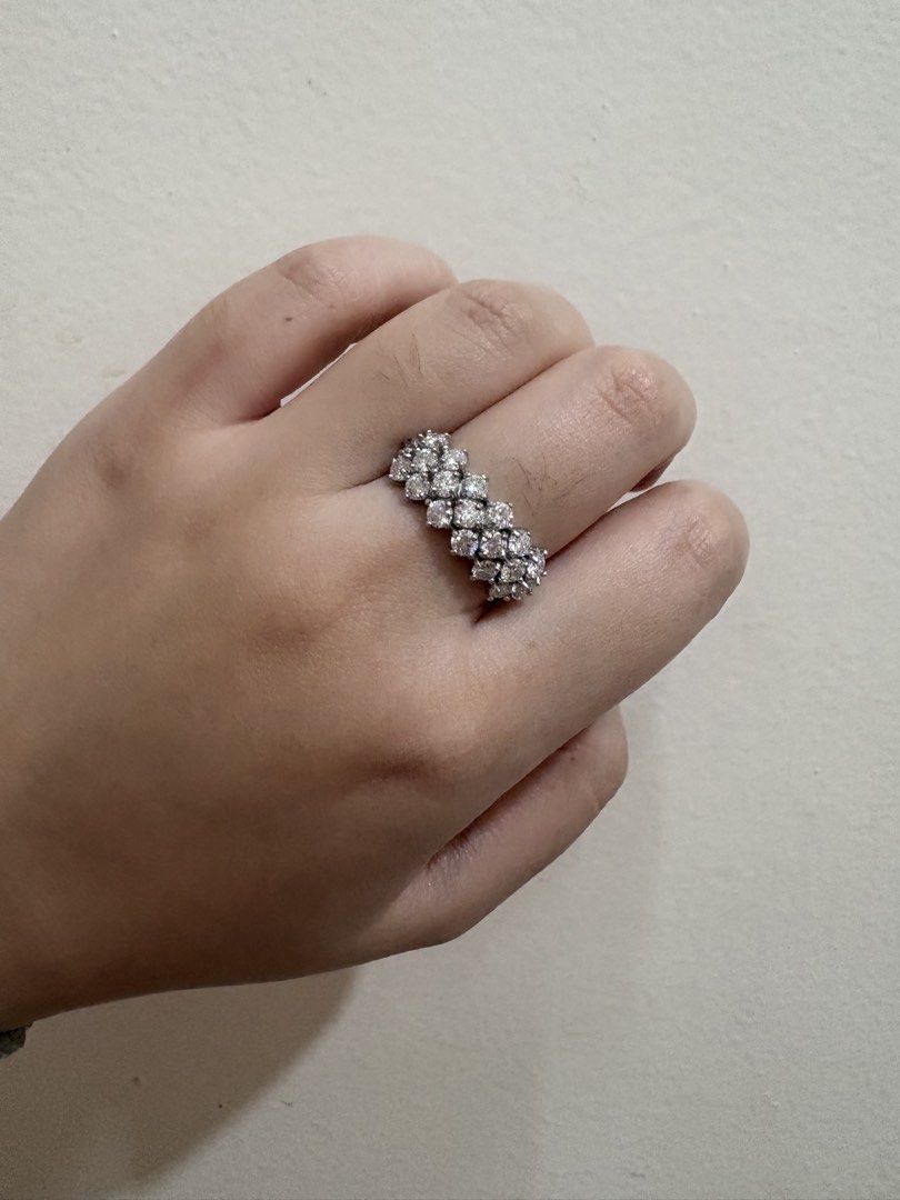 Moissanite Multi-Stone S925 Silver Ring with Testing Certificate (Category: Rings) located in Manila. Submitted by alyannaros79007 (Listing ID 1468119501, Image 2). Description: Sparkling multi-stone ring crafted in S925 silver with synthetic moissanite stones. Total weight around 2.62g. Statement piece with multiple rows of brilliant stones catching the light from every angle. Includes the testing certificate card and black velvet presentation b
