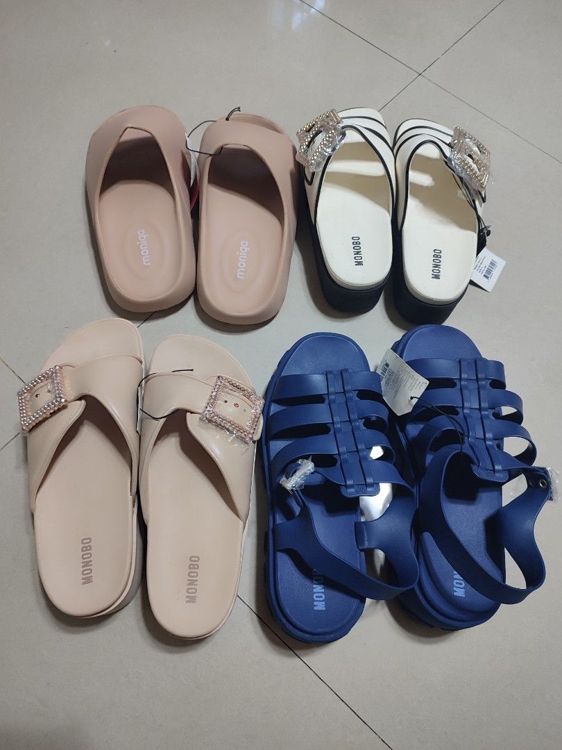 MONOBO SUPER SALE (Category: Slippers and slides) located in Bulacan. Submitted by heartycrafts2020 (Listing ID 1468174838, Image 1). Description: Monobo sandals, slip on size 8, white slip on size 7 plus free slippers size 8. All thailand bought for only 1200 TAKE ALL.