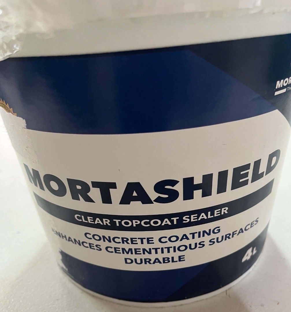 Mortashield Clear Topcoat Sealer Concrete Coating 4L (Category: Construction & Building Materials) located in Manila. Submitted by tricia_00 (Listing ID 1468082887, Image 2). Description: - Brand: Mortashield - Product: Clear topcoat sealer for concrete and cementitious surfaces - Size: 4L bucket - Condition: Brand new, unopened, and sealed container - Features: Durable protective coating for long-lasting results.
