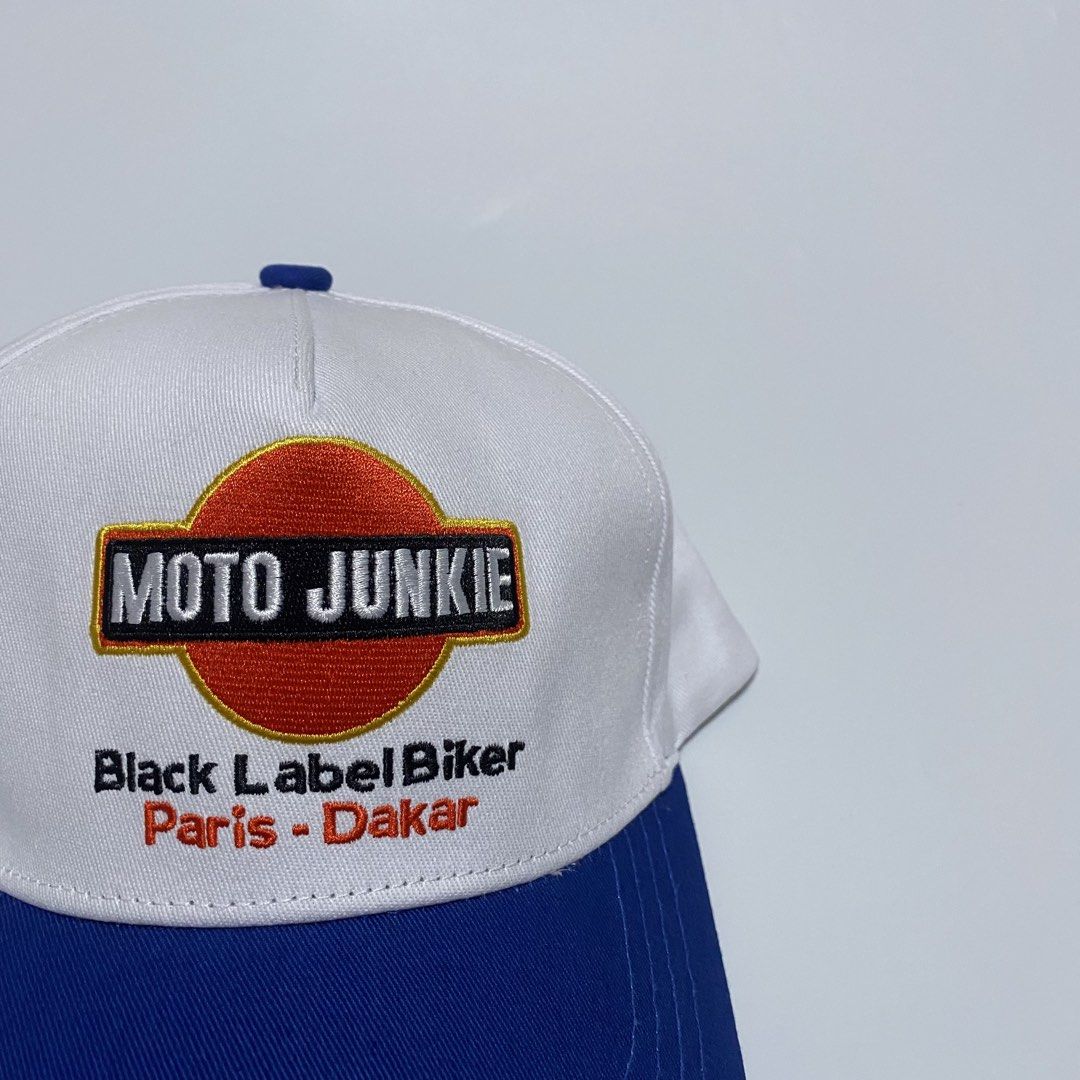 moto junkie two toned a frame cap (Category: Caps & Hats) located in Quezon City. Submitted by hatlocker (Listing ID 1468092917, Image 2). Description: ₱600.00 only dm.
