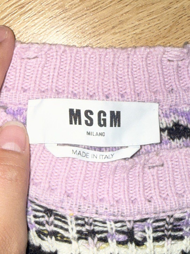 MSGM MILANO DISTRESSED PATTERNED KNIT SWEATER (Category: Coats, Jackets and Outerwear) located in Las Pinas. Submitted by coolthreadz (Listing ID 1468176666, Image 2). Description: 💜 MSGM MILANO DISTRESSED PATTERNED KNIT SWEATER 🏷️ Design: MSGM Fair Isle & Geometric Distressed Knit Sweater 📏 Size: Width: 53 cm | Length: 59 cm 🎨 Color: Multicolor (Lilac, Yellow, Black, White) ✨ Details: Premium Italian craftsmanship (Made in Italy) Chunky text