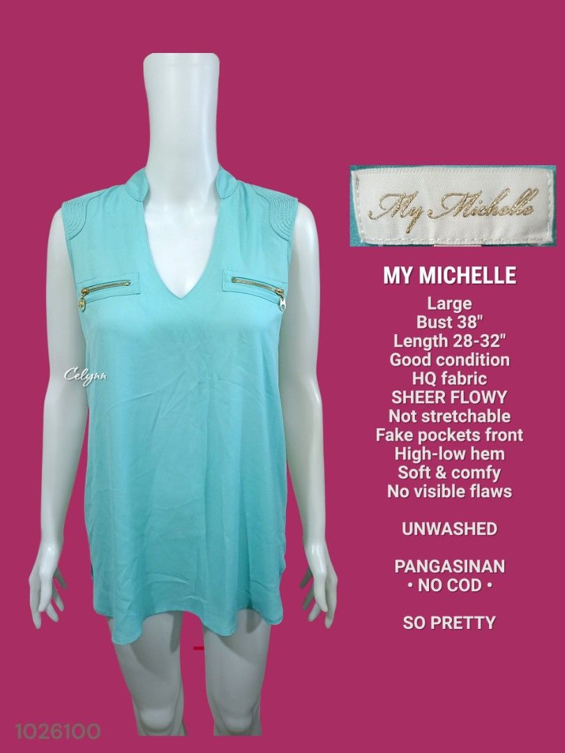 MY MICHELLE Turquoise Sleeveless Blouse; Large (Category: Blouses) located in Moncada. Submitted by celynn.collection (Listing ID 1468084531, Image 1). Description: ✅ PLEASE READ BEFORE ASKING! 😊 ----------------------------------------------------- 📍LOCATION: Pangasinan, Luzon ----------------------------------------------------- ✅ Clothes are THRIFTED or PRE-LOVED unless stated brand new. ----------------------------------------------------- 