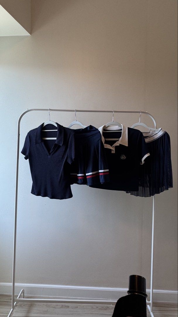 Navy blue tops and pleated skirts bundle (Category: Sets or Coordinates) located in Makati City. Submitted by declutter_forsale (Listing ID 1468200509, Image 1). Description: ₱280 each ₱1000 take all Fit S-M size Selling together as a set..