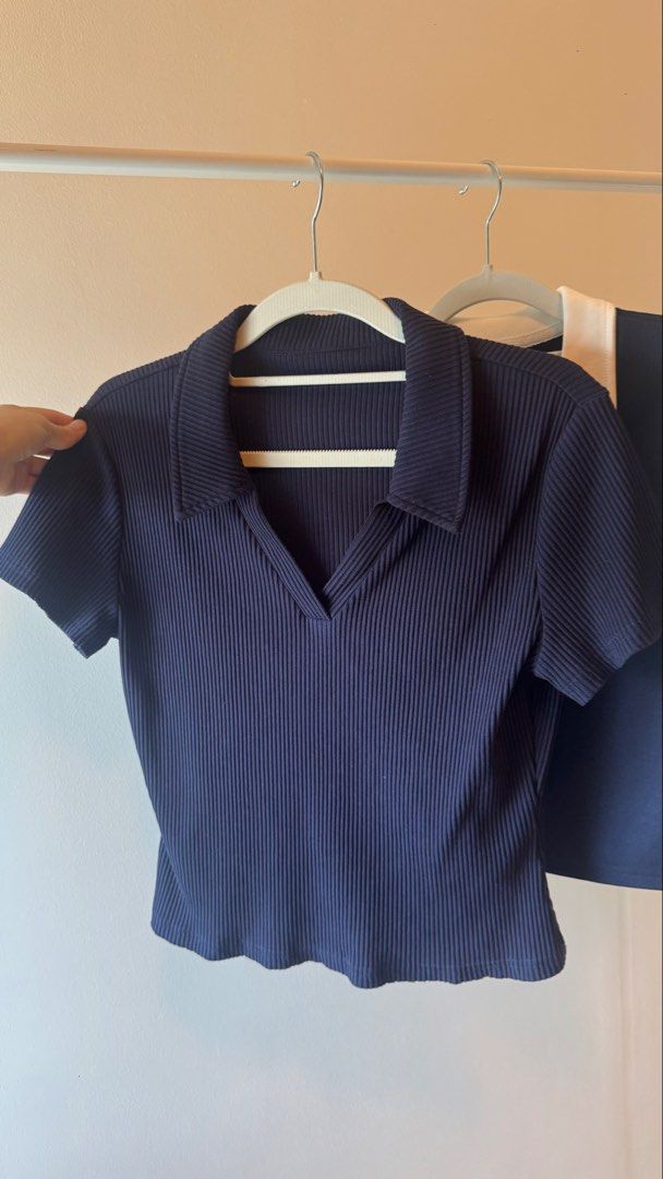 Navy blue tops and pleated skirts bundle (Category: Sets or Coordinates) located in Makati City. Submitted by declutter_forsale (Listing ID 1468200509, Image 3). Description: ₱280 each ₱1000 take all Fit S-M size Selling together as a set..