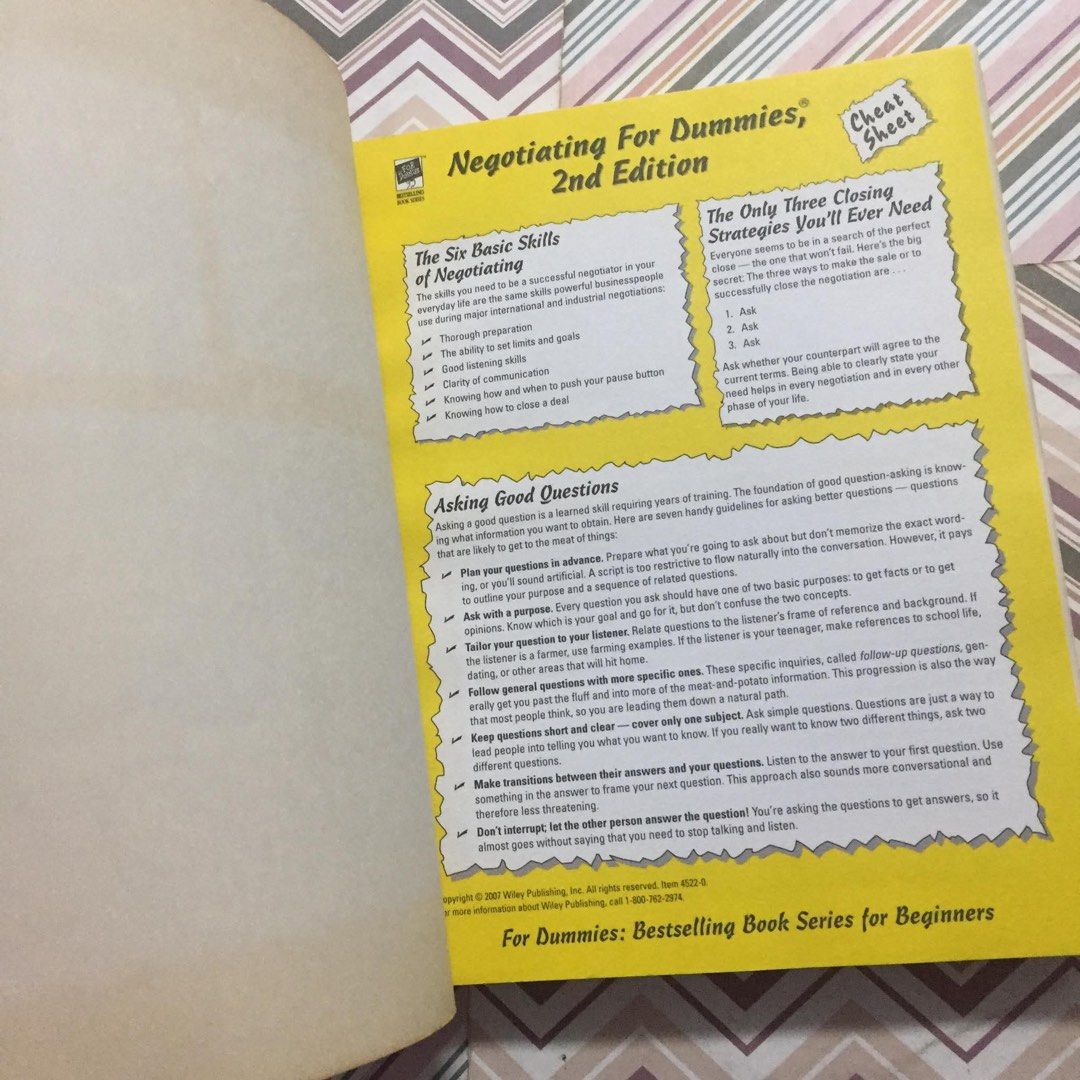 Negotiating for Dummies 2nd Edition by Michael C. Donaldson (Category: Storybooks) located in Pasig City. Submitted by sell.phi (Listing ID 1468136834, Image 3). Description: Negotiating for Dummies 2nd Edition by Michael C. Donaldson Preloved large paperback with minor signs of wear on the covers slightly tanned inside covers, pages, and edges .