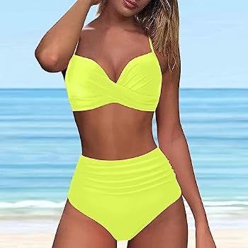 Neon Green chartreuse two-piece high-waisted Bikini (Category: Bikinis & Swimsuits) located in Binan City. Submitted by myprelovedhaul (Listing ID 1468074344, Image 1). Description: This is a vibrant lime green or chartreuse two-piece high-waisted bikini set featuring a twist-front, underwire halter top and high-rise ruching bottoms.
