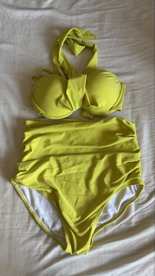 Neon Green chartreuse two-piece high-waisted Bikini (Category: Bikinis & Swimsuits) located in Binan City. Submitted by myprelovedhaul (Listing ID 1468074344, Image 2). Description: This is a vibrant lime green or chartreuse two-piece high-waisted bikini set featuring a twist-front, underwire halter top and high-rise ruching bottoms.
