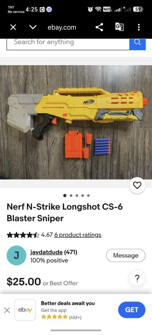 Nerf N-Strike Longshot CS-6 Blaster Sniper (Category: Action & Battle Toys) located in Santiago. Submitted by aceheart0118672 (Listing ID 1468139472, Image 2). Description: Nerf N-Strike Longshot CS-6 Preloved Have signs of usage and scratches With mini chip(as seen on picture) WYSIWYG Php 480.