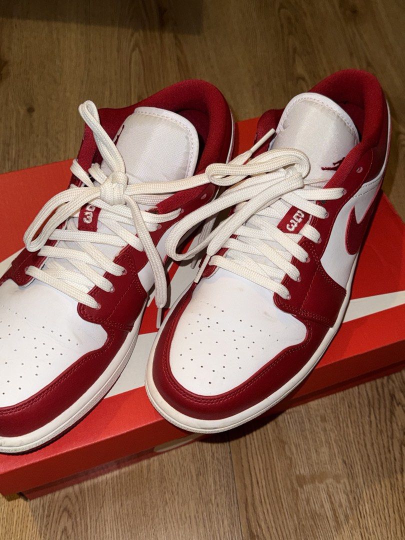 NIKE AIR JORDAN 1 LOW – RED & WHITE (Category: Sneakers) located in Las Pinas. Submitted by coolthreadz (Listing ID 1468246771, Image 1). Description: ❤️ NIKE AIR JORDAN 1 LOW – RED & WHITE 👟 Model: Nike Air Jordan 1 Low 🏷️ Size: US Men’s 9 / EU 42.5 / UK 8 🎨 Colorway: Red & White 🔖 Style Code: 553558-611 ✨ Condition: Pre-loved, in good condition! * Minimal stains and very minor creasing on the toe box. * Well-maintained with minimal signs of