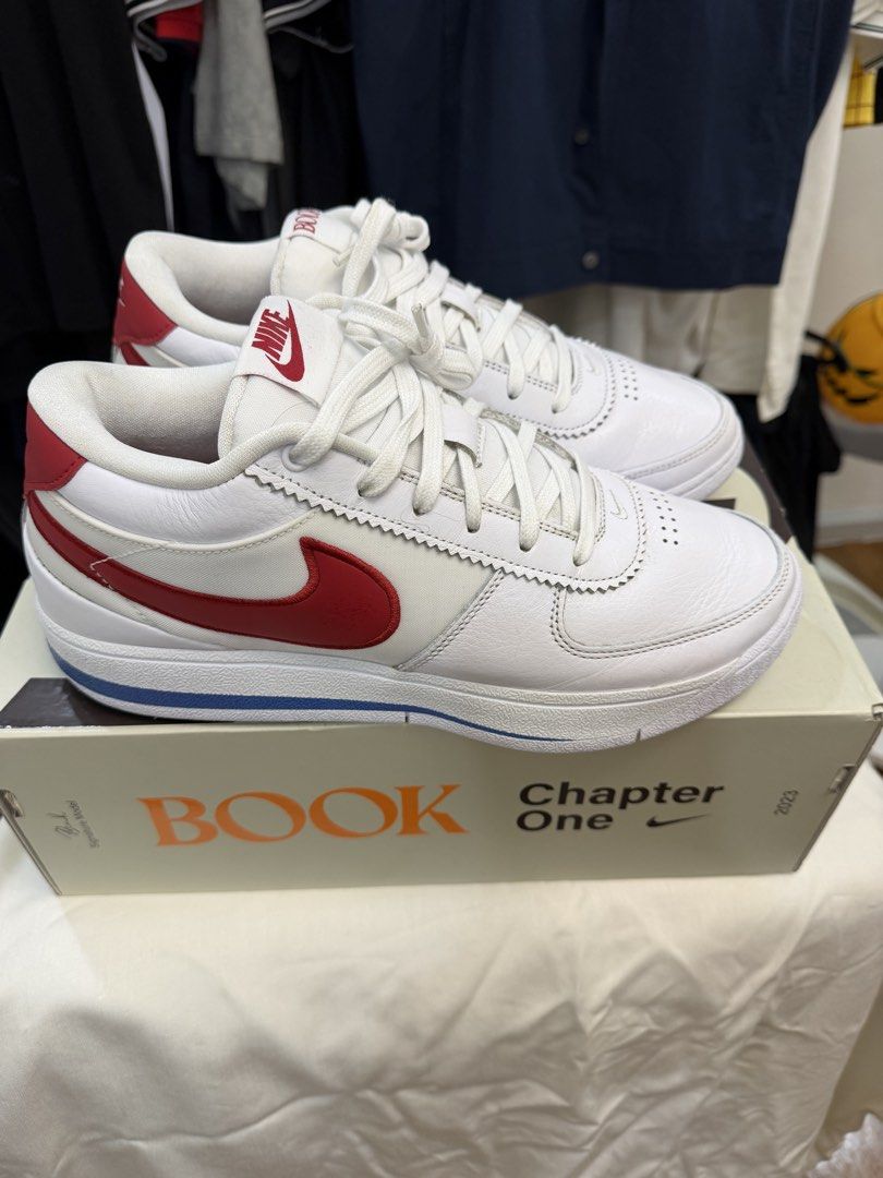 Nike Book 1 Chapter One Sneakers White Red (Category: Sneakers) located in Manila. Submitted by agipreloved (Listing ID 1468111511, Image 1). Description: - Model: Nike Book 1 Chapter One (White and Red) - Material: Premium leather upper with signature red swoosh - Design: White laces, matching white midsole with blue and red accent stripes - Inclusions: Complete with special edition Book Chapter One box - Condition: Used 1x, excellent and ready 