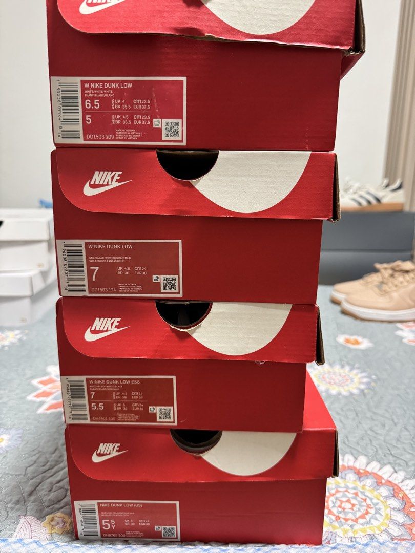 Nike Dunk Low (Category: Sneakers) located in Manila. Submitted by yucakes8 (Listing ID 1468122919, Image 2). Description: 1400 each!!! RFS: Decluttering Pm for more pics nalang po Paisley Black Sz7 (24cm) All-White Sz6.5 (23.5cm) Cacao Wow Sz7 (24cm) Celestial Gold/Coconut Milk Sz5.5Y (24cm) Meetup: Vistamall Gentri Lalamove/Grab.