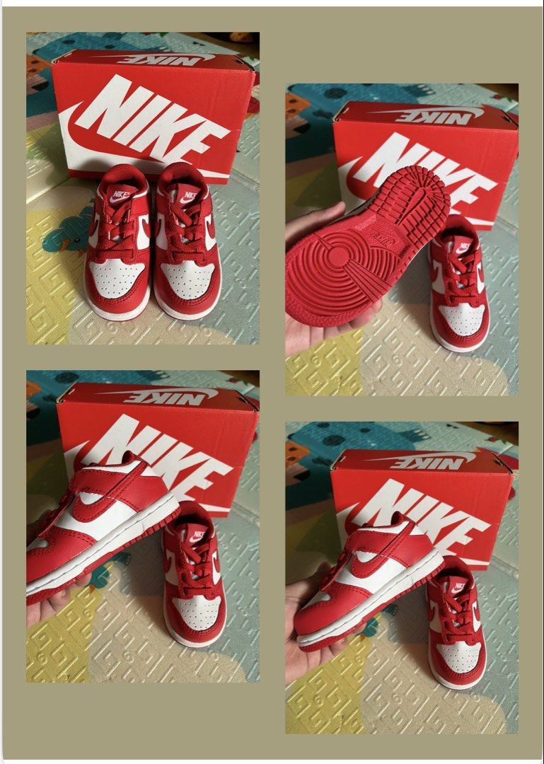 Nike Dunk Low Kids Shoes Red White (Category: Babies & Kids Fashion) located in Quezon City. Submitted by dianeecanlas (Listing ID 1468063196, Image 1). Description: - Brand: Nike - Model: Dunk Low - Colorway: Red and White - Condition: Like new / Zero tread wear / Clean uppers - Inclusions: Original Nike shoebox included - Features: Classic low-top design, lace-up closure, perforated toe box, and durable rubber traction sole.