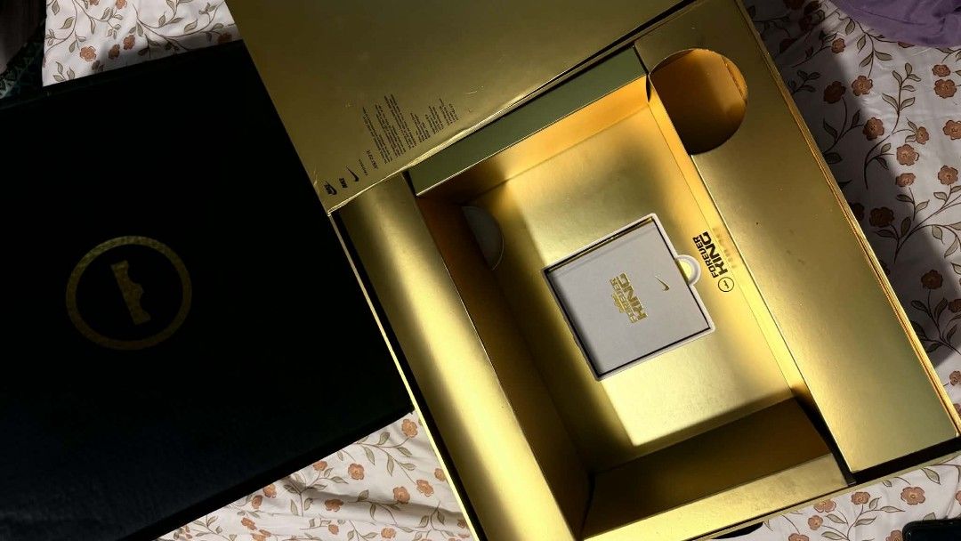 Nike LeBron James Forever King Special Edition Box (Category: Sneakers) located in Subic. Submitted by preloved_luxurybags (Listing ID 1468075504, Image 1). Description: BOX AND BOOKLET ONLY! - Special edition Nike LeBron James 23 Forever King collector box & booklet - Includes large gold presentation packaging - Comes with exclusive tech booklet (ZoomX & carbon fiber plate details) - Features official timeline history of LeBron.