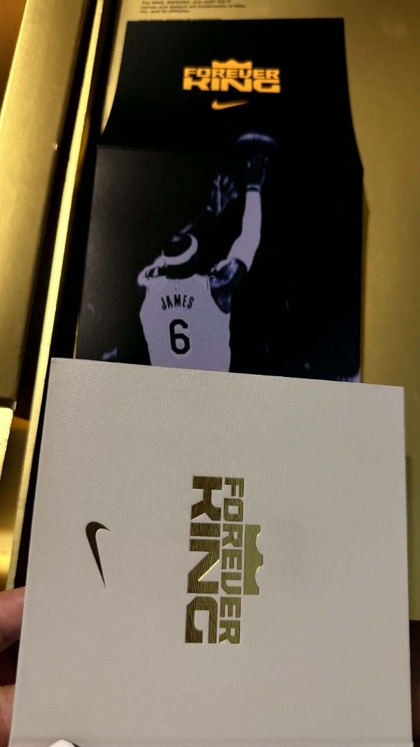 Nike LeBron James Forever King Special Edition Box (Category: Sneakers) located in Subic. Submitted by preloved_luxurybags (Listing ID 1468075504, Image 3). Description: BOX AND BOOKLET ONLY! - Special edition Nike LeBron James 23 Forever King collector box & booklet - Includes large gold presentation packaging - Comes with exclusive tech booklet (ZoomX & carbon fiber plate details) - Features official timeline history of LeBron.