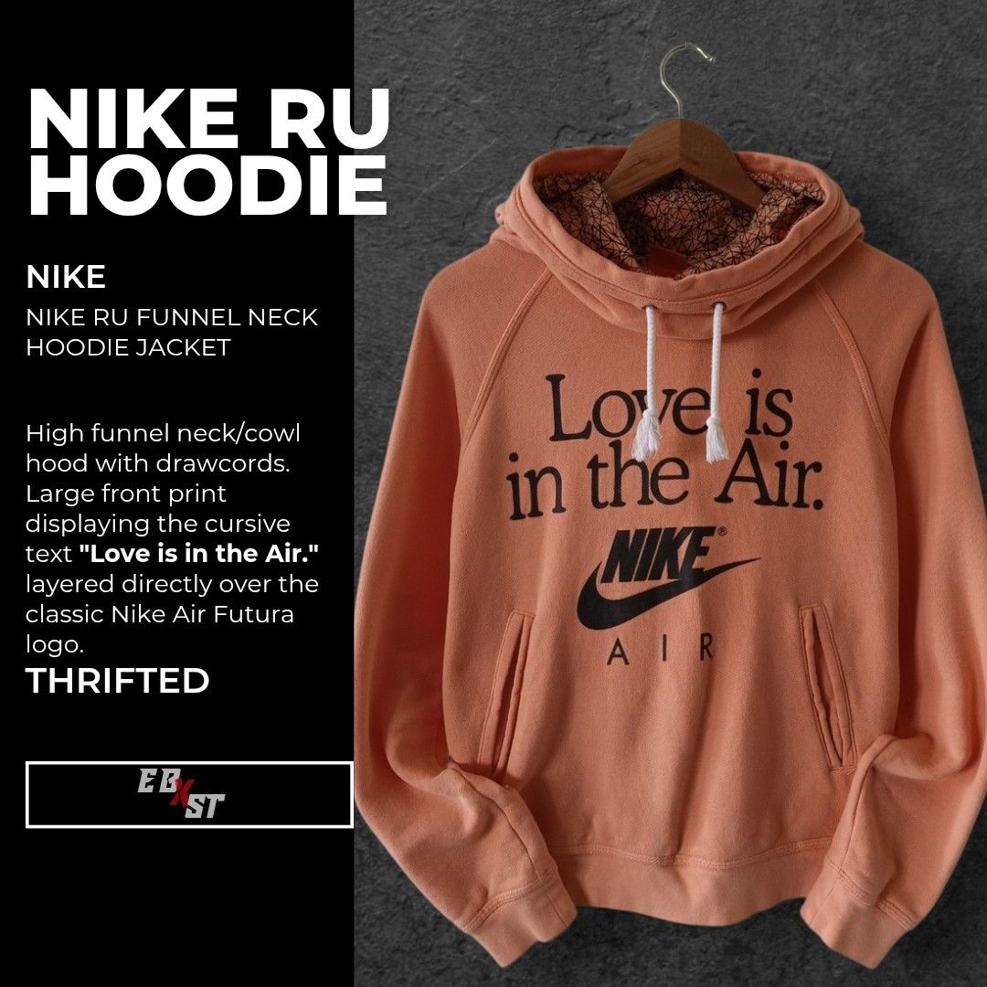 NIKE RU FUNNEL HOODIE JACKET (Category: Coats, Jackets and Outerwear) located in Baguio. Submitted by ebxst_thrift (Listing ID 1468236553, Image 1). Description: NIKE RU FUNNEL HOODIE JACKET •Size: M-L ft. •Brand: NIKE •Color: Pastel Orange •Best fit for Womens •Excellent condition Please manage your expectations: All items are thrifted/preloved. Minor signs of previous use may be present, however these do not affect wearability unless otherwise 