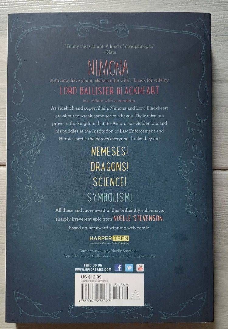 Nimona by ND Stevenson (Category: Comics & Manga) located in Mandaluyong City. Submitted by friendpatine (Listing ID 1468162200, Image 2). Description: Bought from Amazon back in 2015 (so it has ND Stevenson's old name) Foxing on the edges Last price posted tags: graphic novel, comics, whimsical, fantasy.