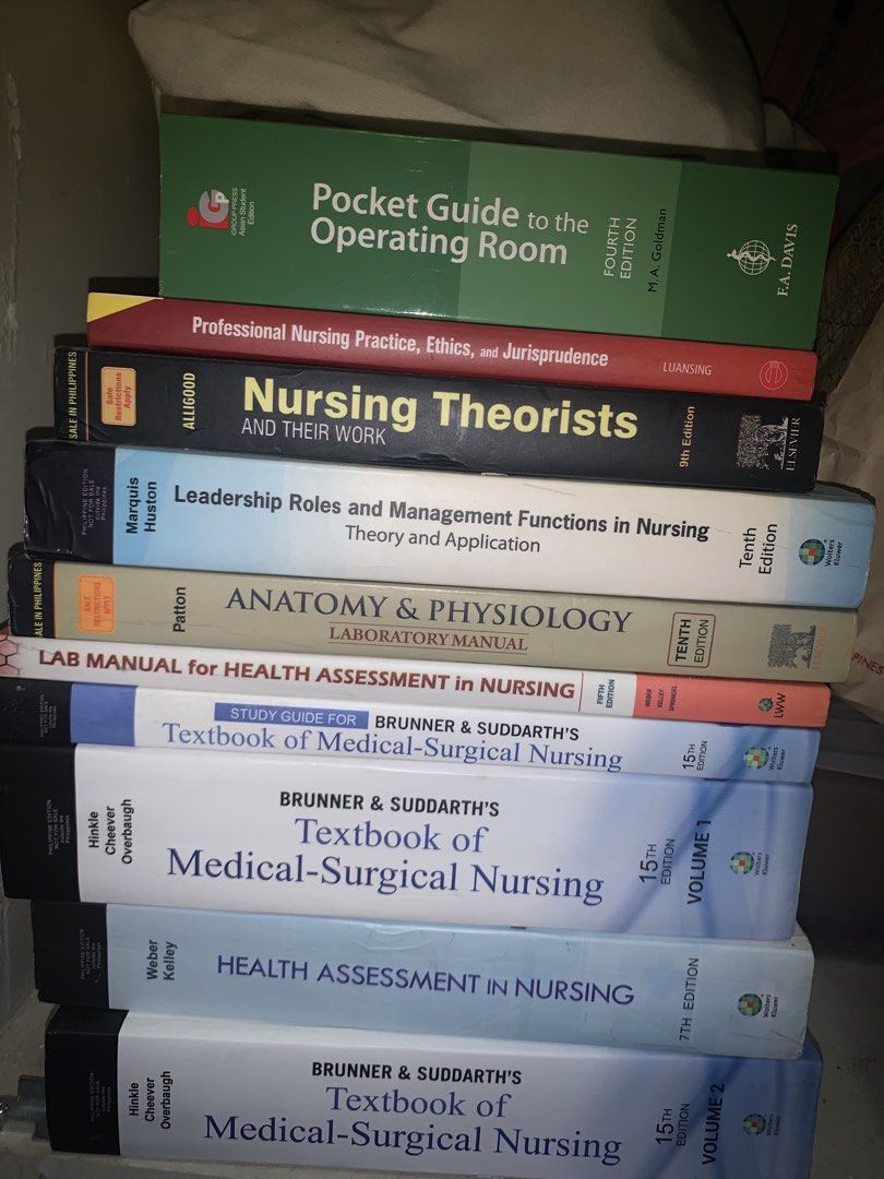 Nursing Textbooks (Category: Textbooks) located in Angeles City. Submitted by gwthriftac (Listing ID 1468212820, Image 1). Description: Nursing textbooks for sale! Includes must-have references like Brunner & Suddarth Vols 1 & 2 Health Assessment Nursing Theorists A&P Lab Manual OR Pocket Guide .