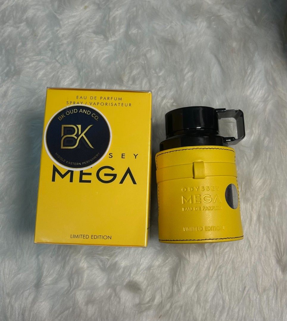 Odyssey Mega Limited Edition Eau De Parfum (Category: Fragrance & Deodorants) located in Manila. Submitted by bk_oud_co (Listing ID 1468225912, Image 1). Description: - Brand: BK Oud and Co. - Fragrance: Odyssey Mega Limited Edition Eau de Parfum - Bottle: Full-size, bright yellow leather-wrapped with black handle cap - Packaging: Includes original matching yellow box - Origin: Middle Eastern perfumery - Condition: Brand new / Great addition to a