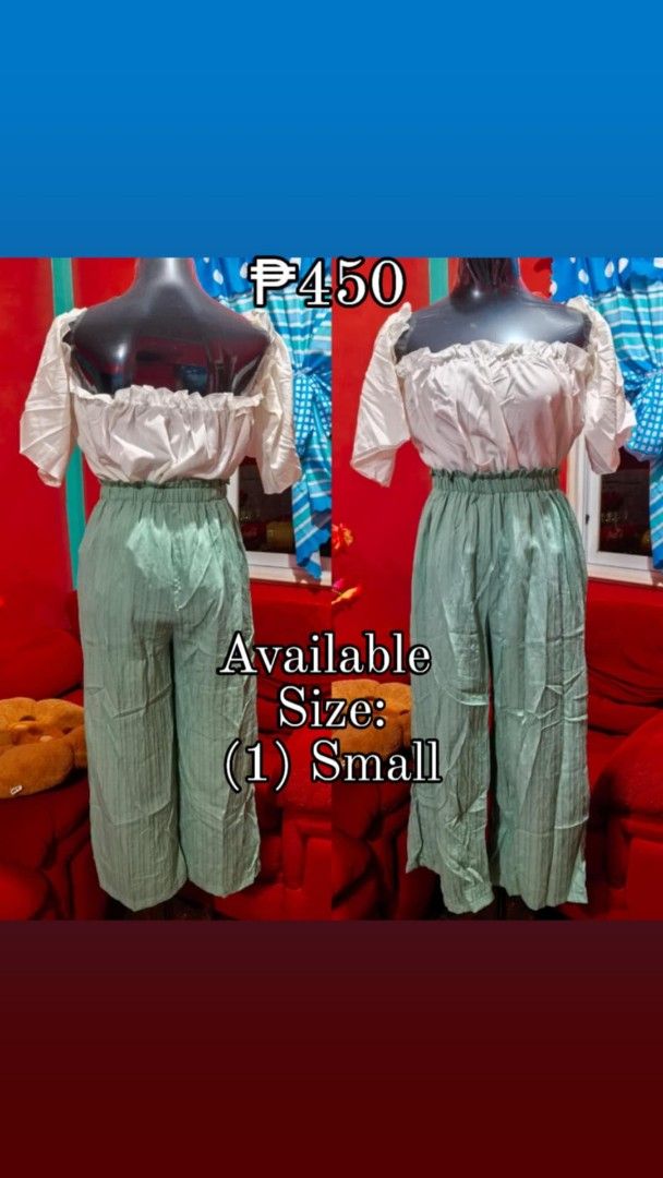 Off-shoulder top and green pants set (Category: Sets or Coordinates) located in Samboan. Submitted by stephie_89 (Listing ID 1468224401, Image 1). Description: - Two-piece matching set - Color: White off-shoulder top & mint green pants - Size: Small only - Comfy elastic waistband on pants - Lightweight and breathable fabric - Perfect for daily wear or weekend outings - Price: ₱450 only.