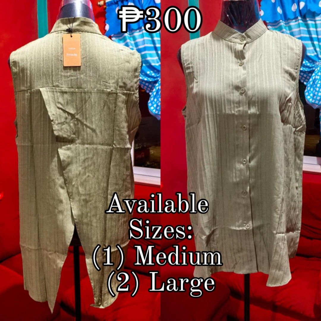 Olive Green Sleeveless Button-Down Shirt (Category: Sleeveless) located in Samboan. Submitted by stephie_89 (Listing ID 1468224683, Image 1). Description: - Brand new with tag attached - Color: Olive green with vertical stripes - Style: Sleeveless button-down with mandarin collar - Design: Split back hem for extra movement - Fabric: Lightweight and comfortable - Sizes available: Medium and Large .