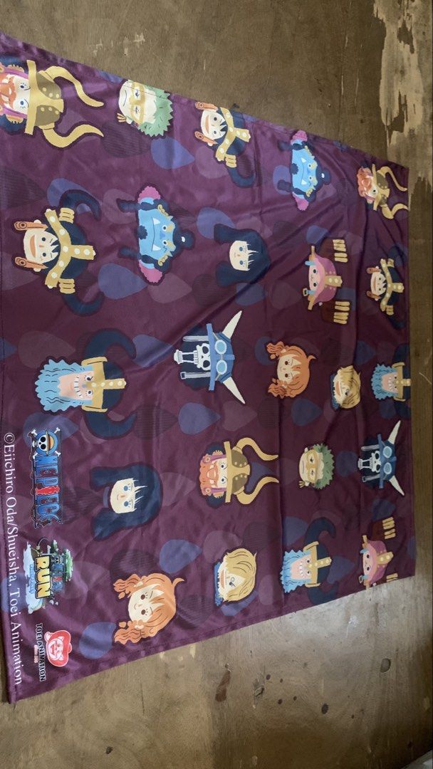 One Piece Run Philippines Official Merchandise Towel (Category: Hair Accessories) located in Caloocan City. Submitted by diannecarl32964 (Listing ID 1468093287, Image 2). Description: - Official One Piece Run Philippines merchandise - Features a vibrant purple background with repeated chibi character heads (Luffy, Zoro, Nami, Sanji, Brook, Chopper, Jimbei, Robin, Usopp) - Includes official branding and Eiichiro Oda copyright text at the bottom ri