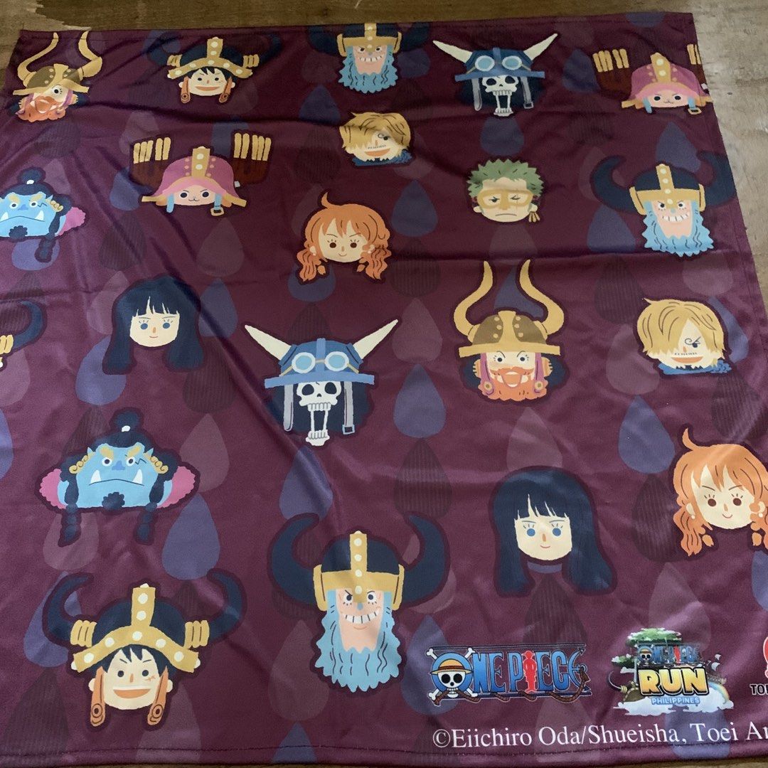 One Piece Run Philippines Official Merchandise Towel (Category: Hair Accessories) located in Caloocan City. Submitted by diannecarl32964 (Listing ID 1468093287, Image 3). Description: - Official One Piece Run Philippines merchandise - Features a vibrant purple background with repeated chibi character heads (Luffy, Zoro, Nami, Sanji, Brook, Chopper, Jimbei, Robin, Usopp) - Includes official branding and Eiichiro Oda copyright text at the bottom ri