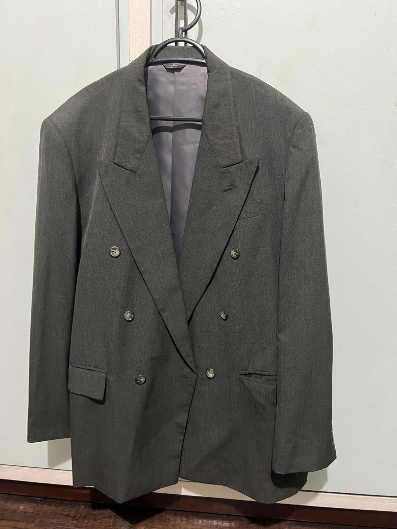 Onesimus Double Breasted Grey Blazer Size 12 (Category: Coats, Jackets and Outerwear) located in Manila. Submitted by happyriver-1a89 (Listing ID 1468168576, Image 1). Description: - Brand: Onesimus - Style: Double-breasted blazer with peaked lapels and structured shoulders - Color: Grey with slate grey satin fully lined interior - Size: 12 - Details: Front button closure, inner pocket, clean back with no vent - Condition/Use: Classic formal mens