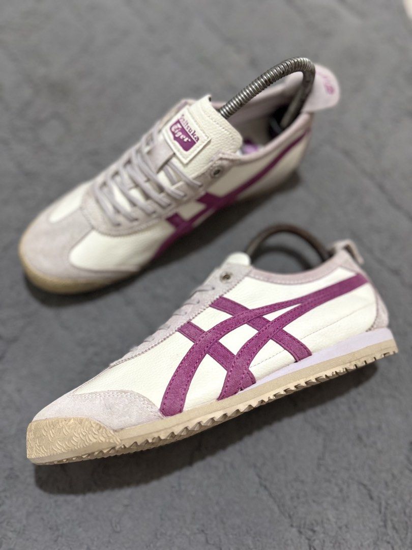 Onitsuka Tiger Mexico 66 Off White Purple (Category: Sneakers) located in Lapu Lapu. Submitted by jadegodine04736 (Listing ID 1468149281, Image 3). Description: - Brand/Model: Onitsuka Tiger Mexico 66 - Colorway: Off-white leather upper with purple stripes and grey suede overlays - Style: Classic low-top retro runner - Size: US 4.5 / EUR 37 / 23.0 cm - Origin: Made in Vietnam - Condition: Clean overall with minimal wear on soles and uppers.