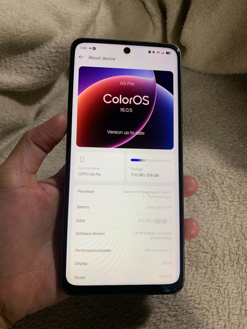 Oppo A5 Pro 8+8/256GB (Category: OPPO) located in Manila. Submitted by misayski (Listing ID 1468132665, Image 2). Description: Complete pack (with box, manual, fast charger, & 4cases (naka tempered na rin) honest issue: sign of usage (some dents and case mark due to hard case Pasay location .