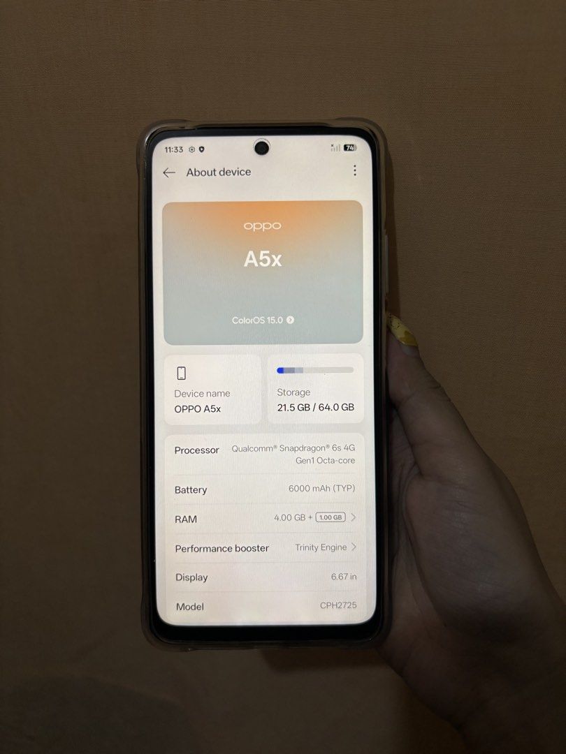 Oppo A5X (Category: OPPO) located in Caloocan City. Submitted by blissevaine (Listing ID 1468217807, Image 2). Description: 1 week lang ginamit for tiktok purposes. Bought nung June lang, like brand new pa talaga. Pwede unli reset. rfs: di na ginagamit inclusion: with box with charger sim ejector case.