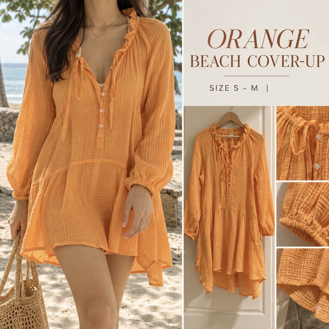 Orange Beach Cover-Up (Category: Bikinis & Swimsuits) located in Davao. Submitted by 2ndbase.dvo.ii (Listing ID 1468259883, Image 1). Description: - Color: Bright orange - Material: Lightweight, textured, and crinkled fabric - Fit: Loose fit (fits S to M) - Features: Long sleeves with elastic cuffs, ruffle collar, front tie string, and functional small buttons - Hemline: Asymmetrical high-low cut - Perfect for: Easy layering over swimwear at the 