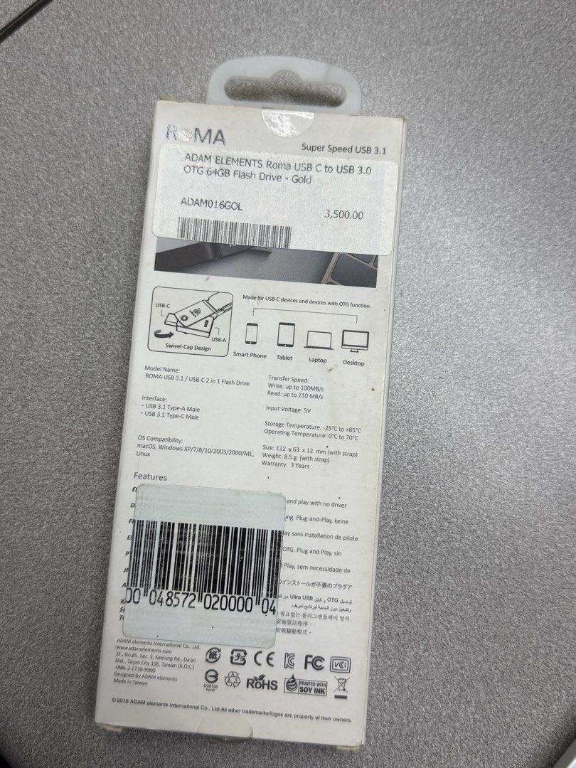 OTG dual USB drive (Category: Hard Disks & Thumbdrives) located in Quezon City. Submitted by jpfinds (Listing ID 1468129323, Image 2). Description: - Brand: ADAM elements Roma - Capacity: 64GB - Condition: Brand new, unopened box -suitable for iphone, ipad, laptops, and other android devices - Connectors: Dual USB Type-C and USB 3.1 for smartphones, tablets, laptops, and desktops - Performance: Super speed USB 3.1 transfer rates up to 210MB/s rea